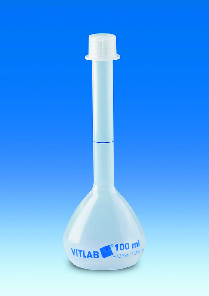 Volumetric flask 250 ml PP, blue scale