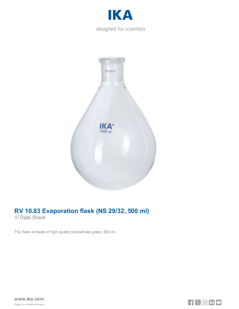 

Data Sheet RV 10.83 Evaporation flask  NS 29 32 500 ml 

