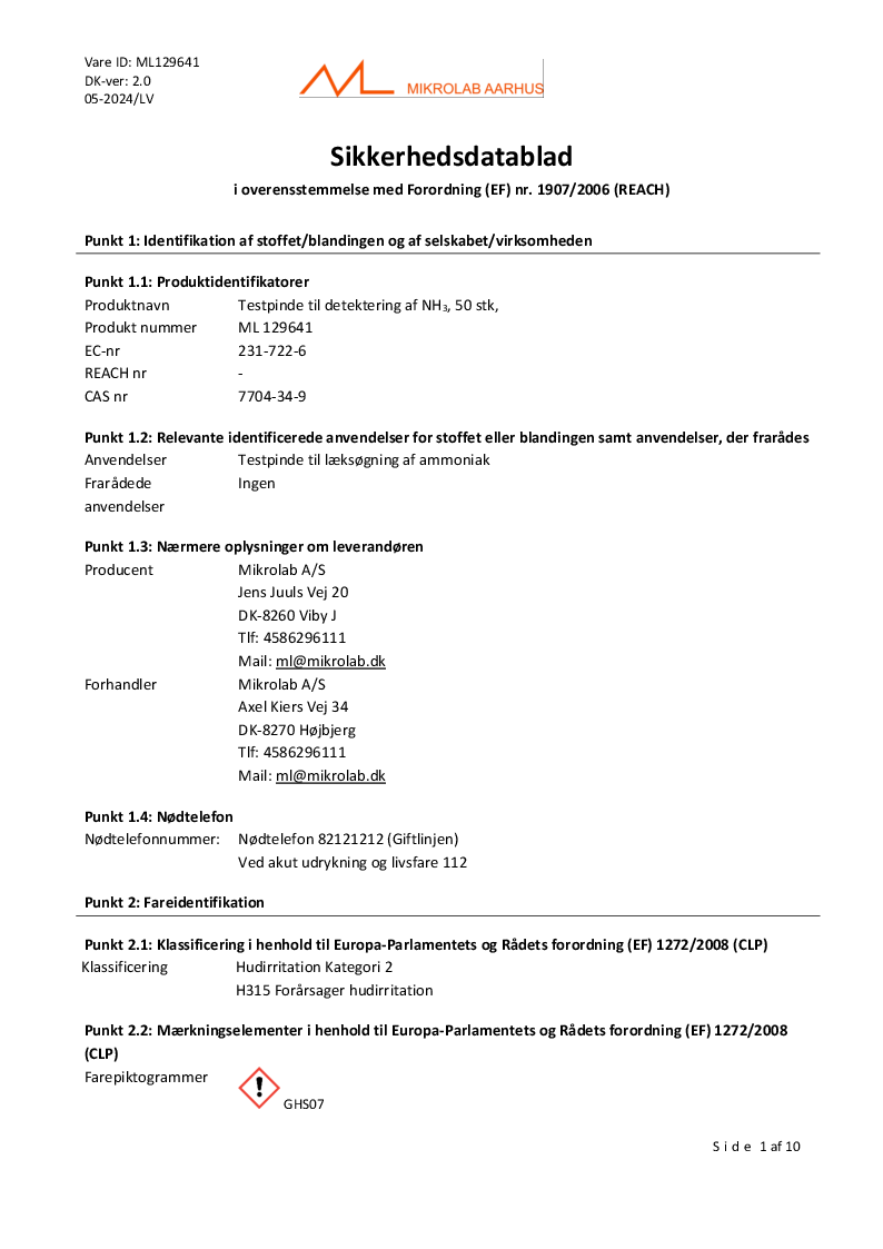 

Testpinde til detektering af NH3, 50 stk

