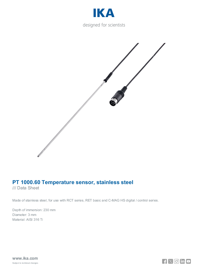 

Data Sheet PT 1000.60 Temperature sensor stainless steel


