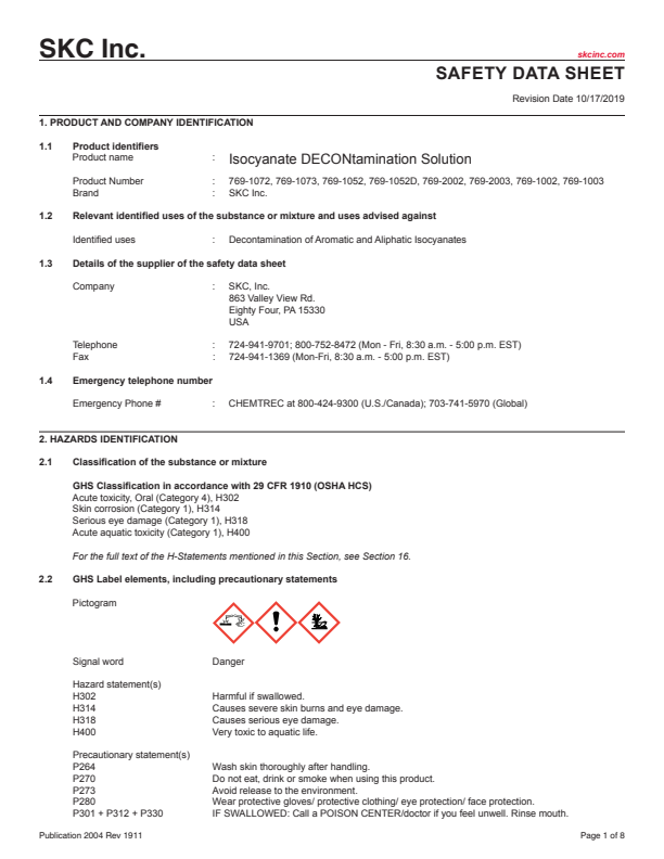 

SDS Isocyanate DECONtamination Solution ENG

