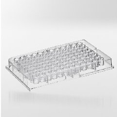 Mikrotiterplade klar PS 96 brønde V-form 300 µl. Steril R. Max 4.500g.