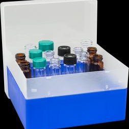 Æske til vials. Blå. til vials N 15. 36 huller længde 130 mm høj 80 egnet til fryser