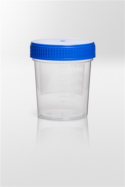 Beholder PP/PE 125 ml 55 x 72 mm blåt skruelåg og skrivefelt. Steril R