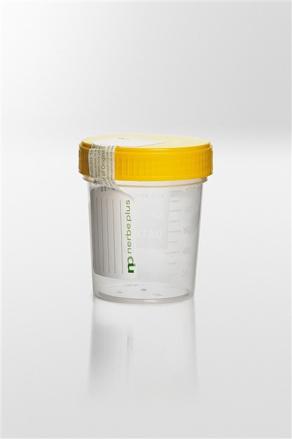 Beholder PP/PE 125 ml 55 x 72 mm gult skruelåg og forseglet etiket. Steril R