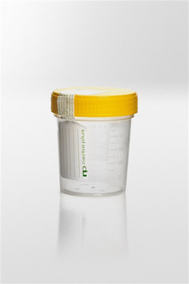 Beholder PP/PE 125 ml 55 x 72 mm gult skruelåg og forseglet etiket. Steril R