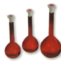 Målekolbe 200 ml SJ 14/23 med prop Borosilikat glas. Klasse A. Brun