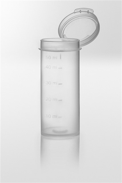 Container with hinged lid. 50 ml.  33 x 80 mm. Graduated