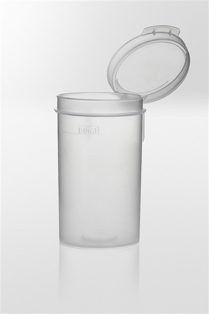 Container with hinged lid. 80 ml 45 x 80 mm. Graduated at 80 ml