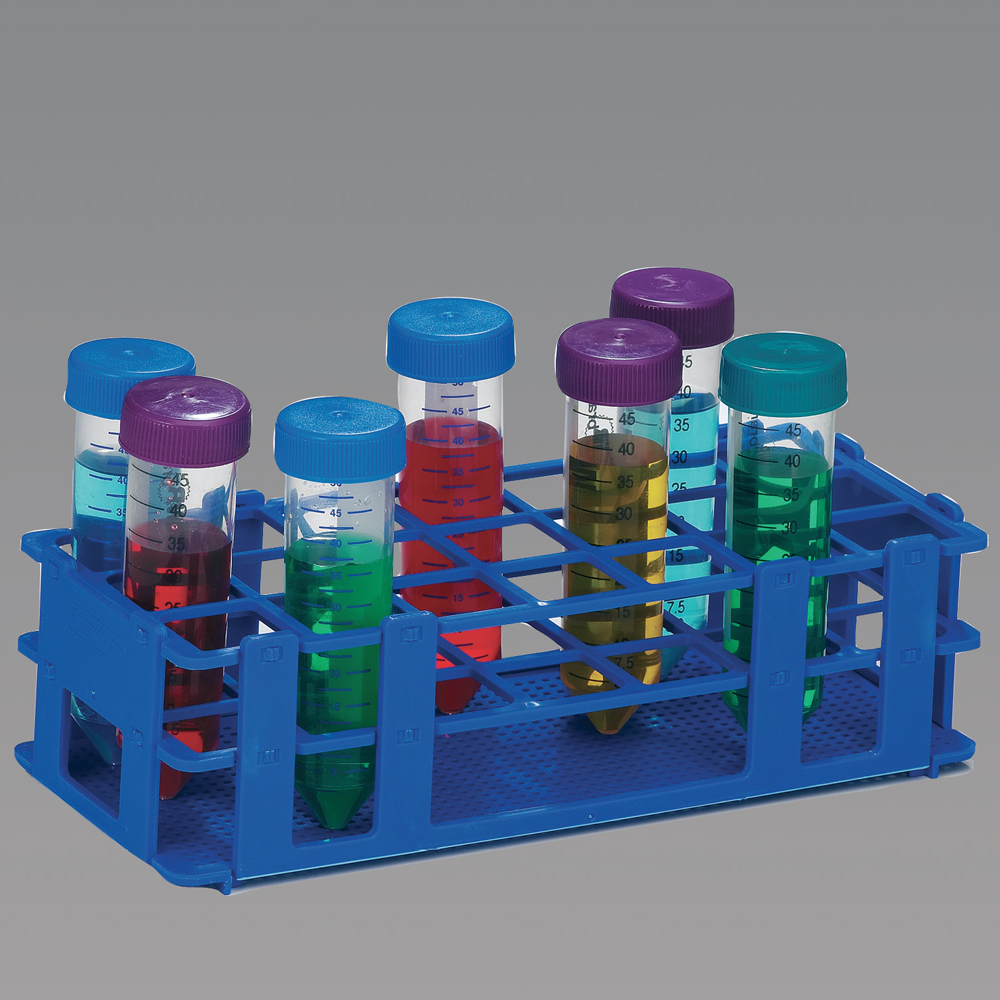 Rack for 50 ml tubes. 3 x 7 holes. Autoclaveable. Blue