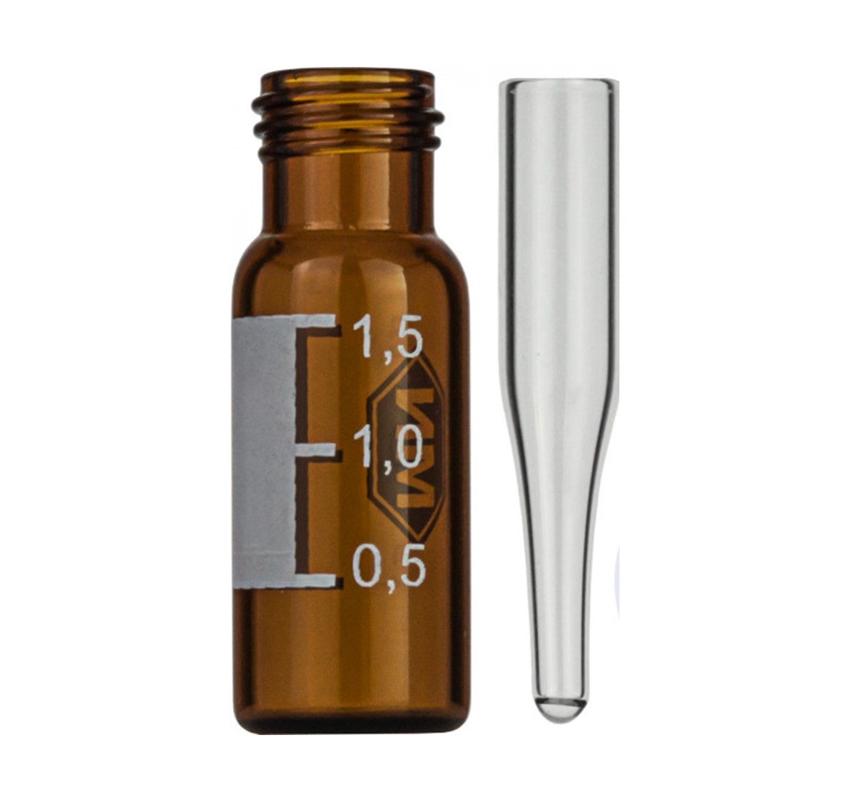 N9 vial til skruelåg 1.5 ml 11.6 x 32 mm brun glas med inddelinger og skrivefelt. 0.2 ml indsats