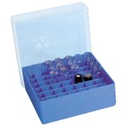 Box for N13 screw-  and crimp vials. 49 positions 130 x 130 x 50 mm. Blue. Transparent Cap