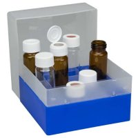 Box for N24 screw vials. 16 positions. 130 x 130 x 102 mm. Blue. Transparent lid