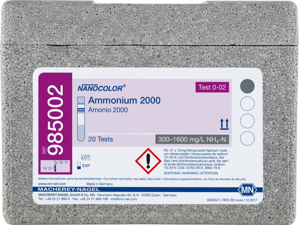 NANOCOLOR Ammonium 2000. 400 - 2000 mg/L NH4+ / NH3, 300 - 1600 mg/L NH4-N