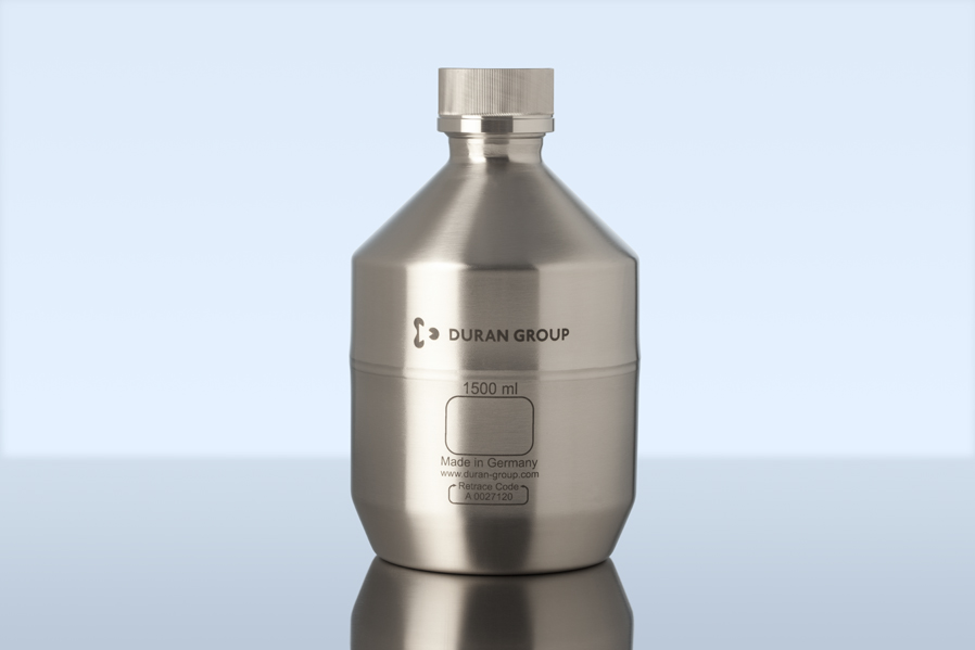 DURAN flaske, SS, GL45, m. låg, u. UN-cert., 1500m
