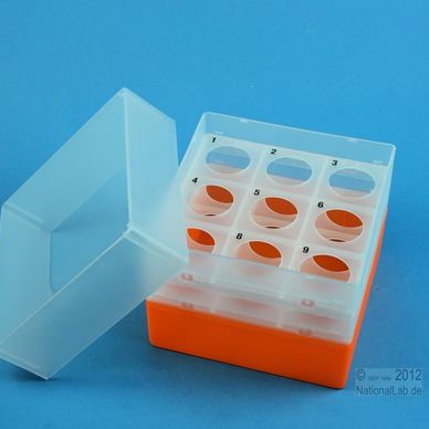 Freezer box PP 3 x 3 holes max Ø: 30 mm tube. H: 125/128 mm neon orange