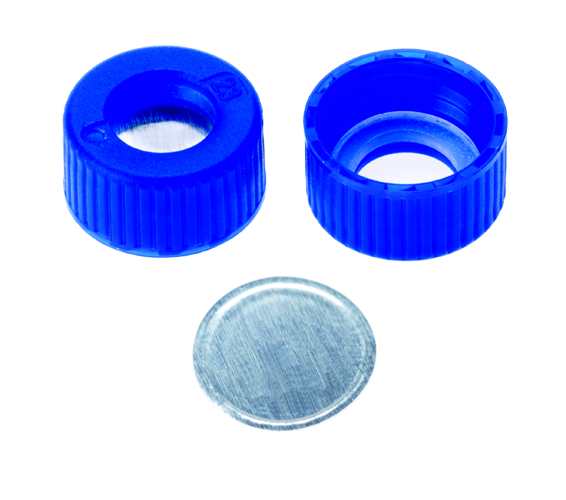 Skruelåg 9mm, blå, hul, alu liner, 0.06mm, 100stk