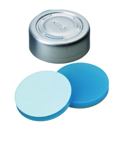 Crimp cap 20 mm blue sil/PTFE, tear-off, 100pcs