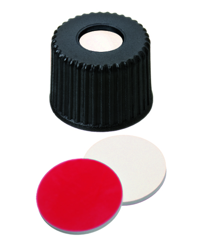 Screw cap 8-425 w/hole, blck, sil/PTFE, 100pc