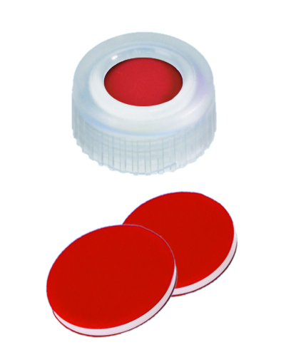 Skruelåg 9mm m/hul, transp., PTFE/sil/PTFE, 100stk