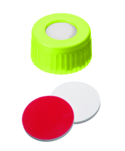 Skruelåg 9mm m/hul, gul, sil/PTFE, 100stk