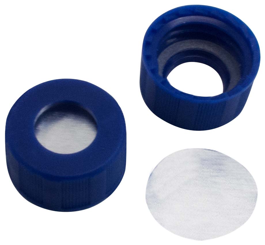 Skruelåg 9mm, blå, m/hul, Alu/OR, 0,06mm, 100stk