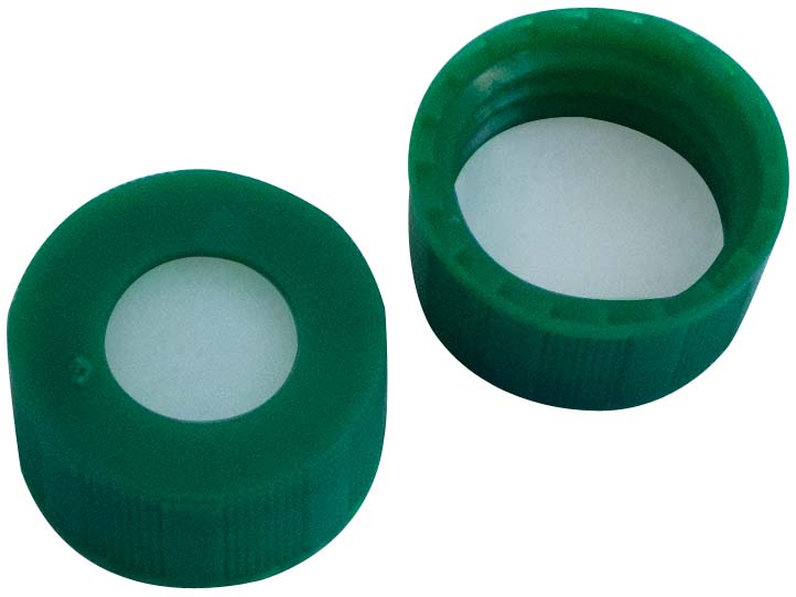 Skruelåg 9mm, grøn, m/hul, PTFE, 0,2mm, 100stk