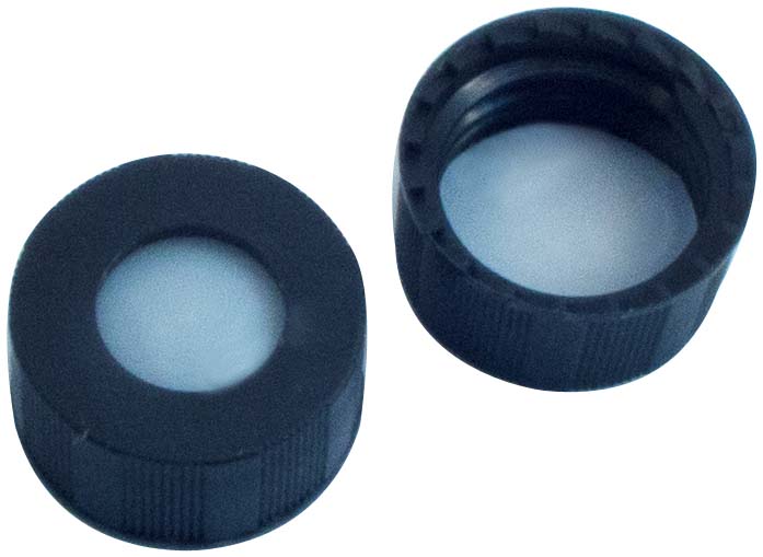 Skruelåg 9mm, sort, m/hul, PTFE, 0,2mm, 100stk