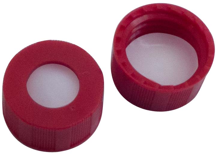 Skruelåg 9mm, gul, m/hul, PTFE, 0,2mm, 100stk