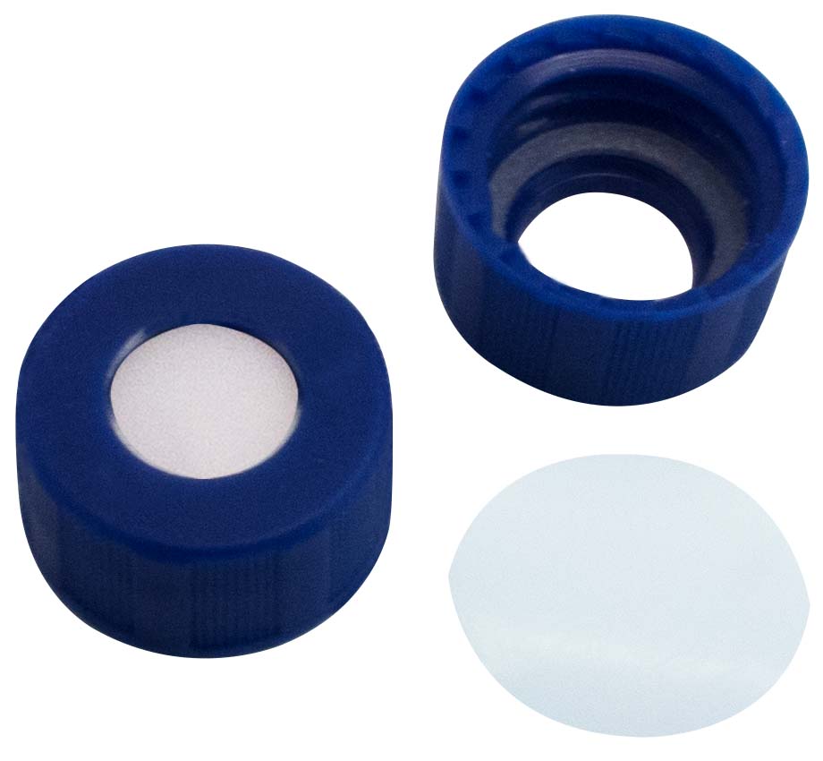 Skruelåg 9mm, blå, m/hul, PTFE/OR, 0,20mm, 100stk