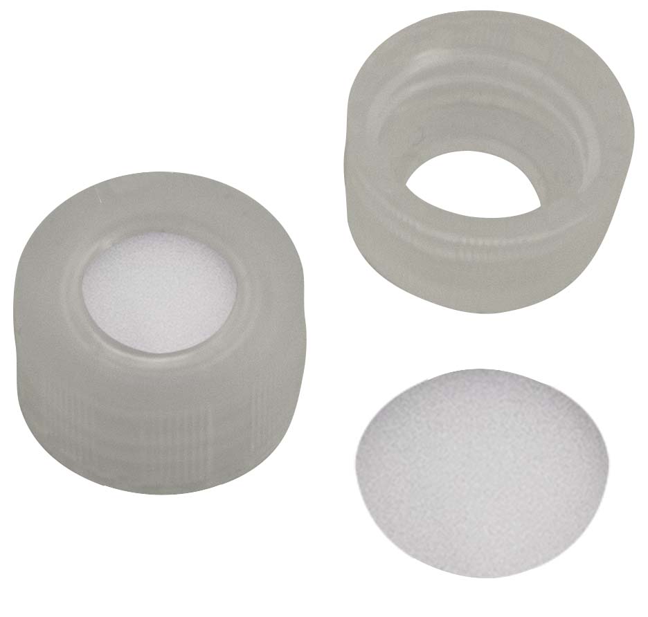 Skruelåg 9mm, trsp, m/hul, PTFE/OR, 0,20mm, 100stk