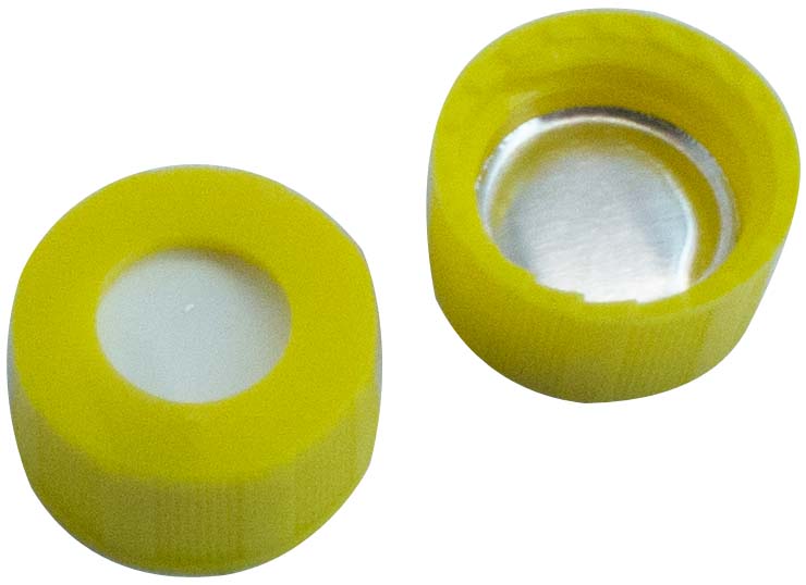 Skruelåg 9mm, gul, m/hul, Sil/Alu, 1,0mm, 100stk