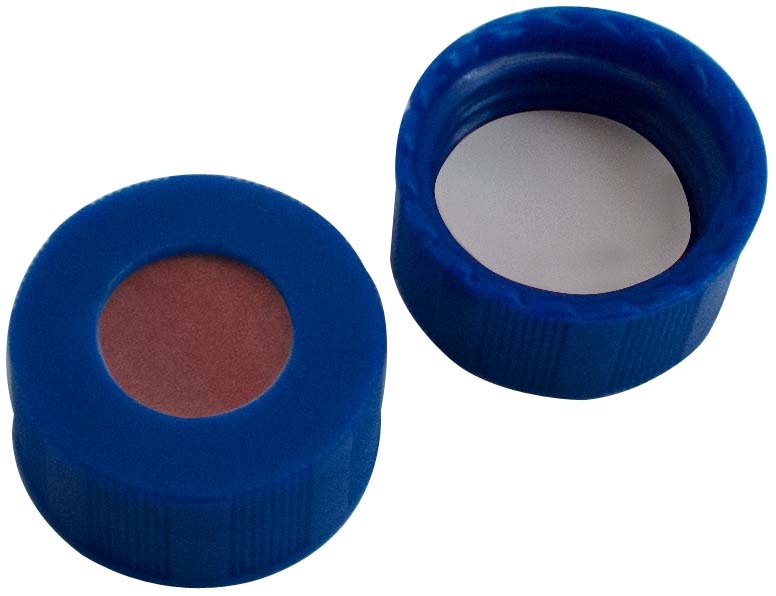 Skruelåg 9mm, blå, m/hul, G/PTFE, 1,0mm, 100stk