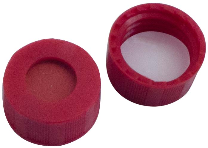 Skruelåg 9mm, rød, m/hul, G/PTFE, 1,0mm, 100stk