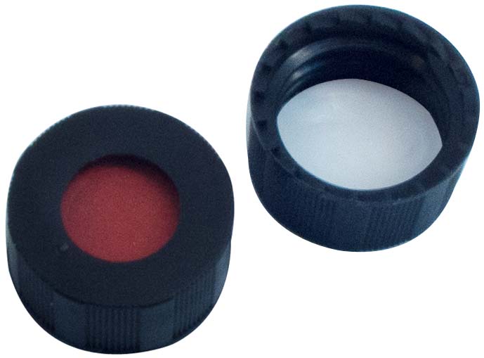 Skruelåg 9mm, sort, m/hul, G/PTFE, 1,0mm, 100stk