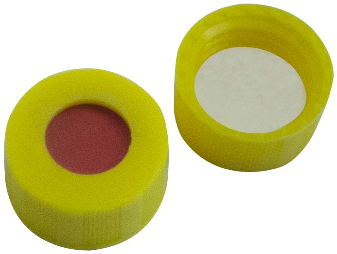 Skruelåg 9mm, gul, m/hul, G/PTFE, 1,0mm, 100stk