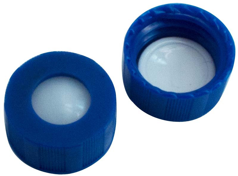 Skruelåg 9mm UB, blå, m/hul, Sil/PTFE, 100stk