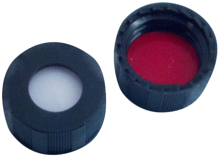 Skruelåg 9mm, sort, m/hul, Sil/PTFE, 1,0mm, 100stk