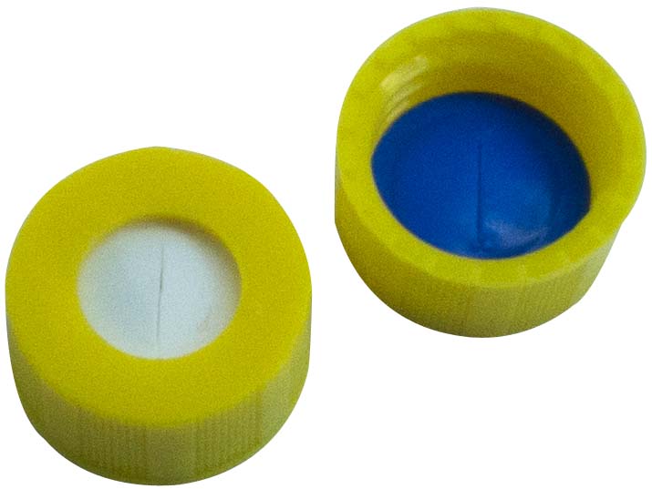 Skruelåg 9mm, gul, m/hul, Sil/PTFE, slids, 100stk