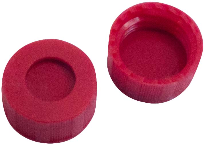 Skruelåg 9mm, rød, m/hul, PTFE/S/PTFE, 100stk