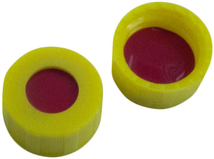 Skruelåg 9mm, gul, m/hul, PTFE/S/PTFE, 100stk