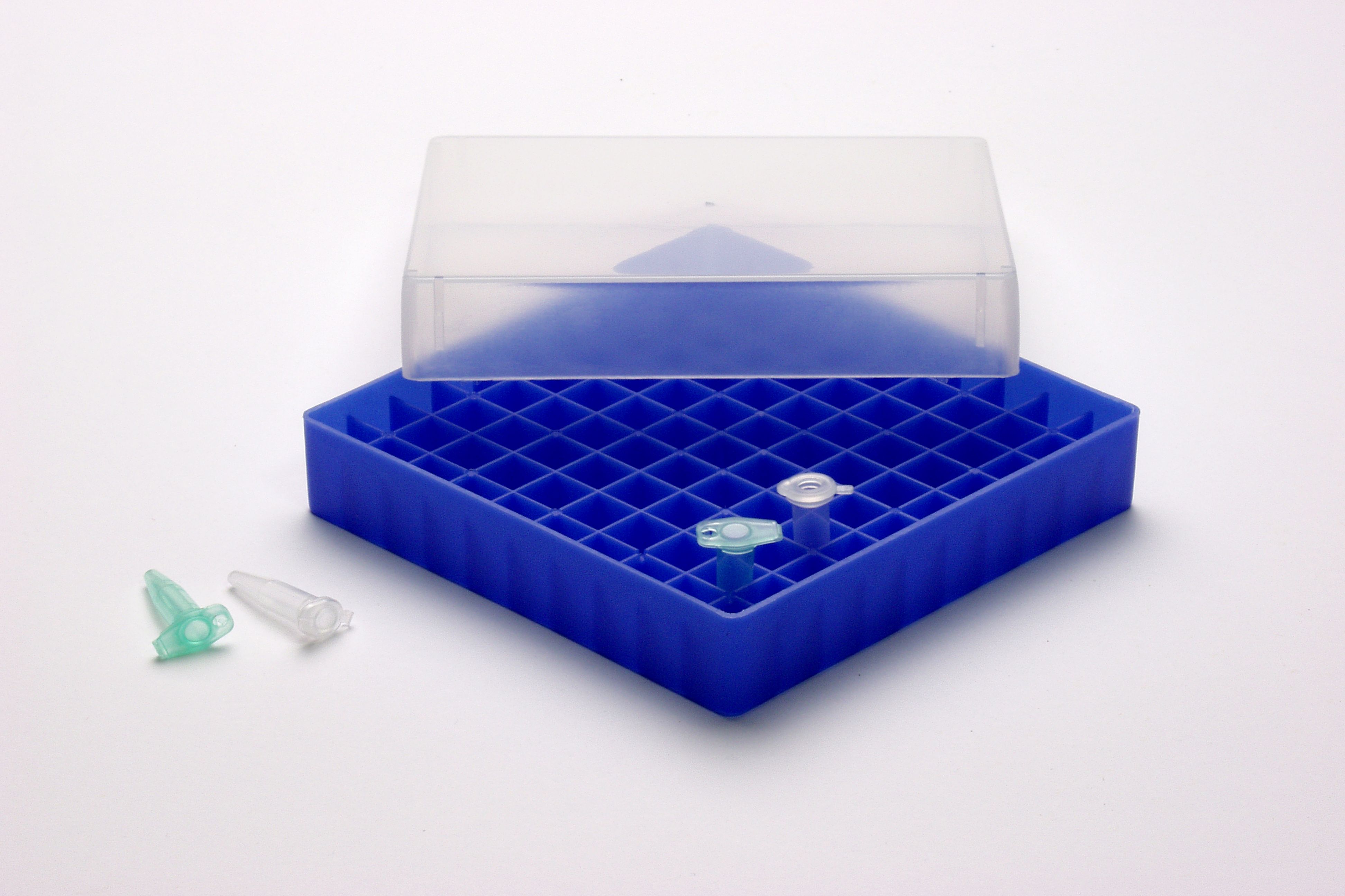 Frysekasse, 130x130x37mm 100 huller á10mm, neonblå