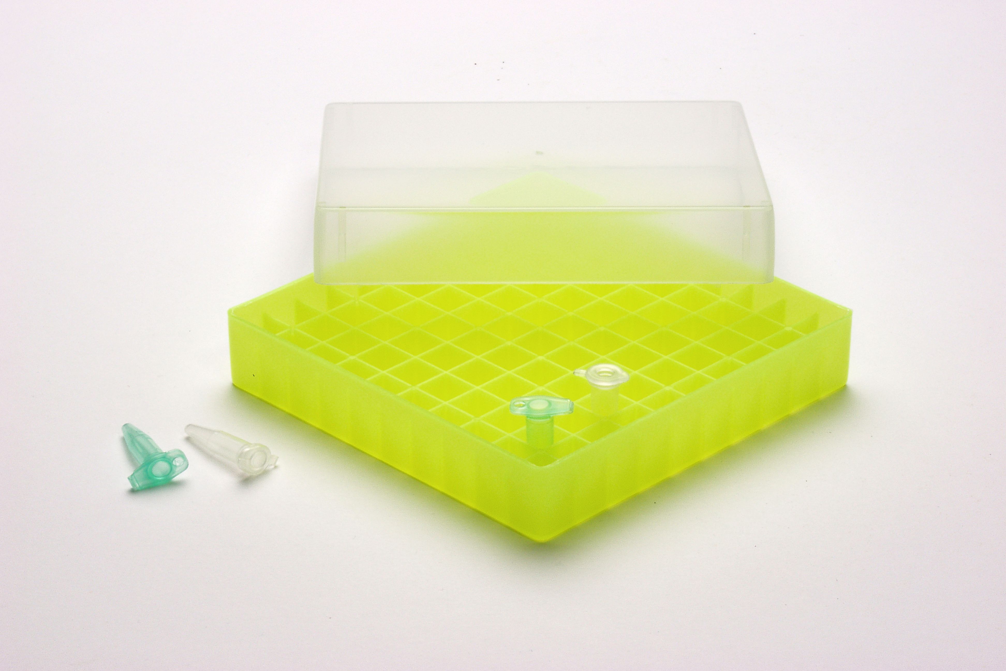 Frysekasse, 130x130x37mm 100 huller á10mm, neongul