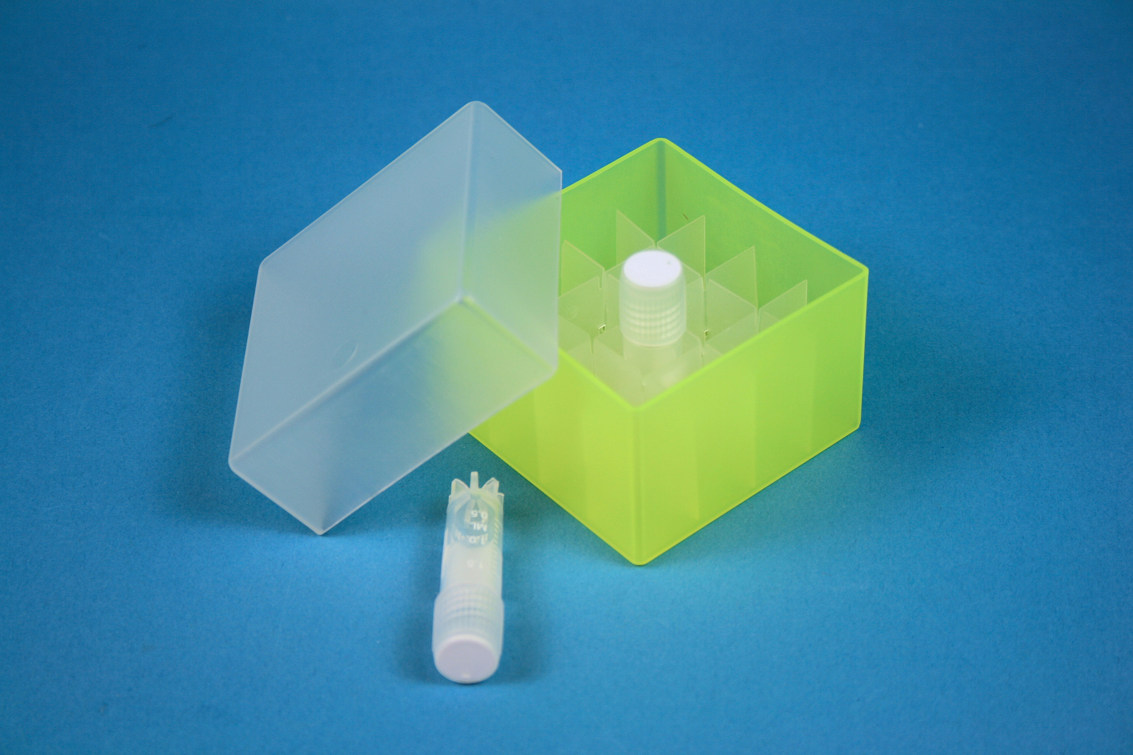 Cryo box, 67x67x45-60mm, 4x4 holes, neon yellow