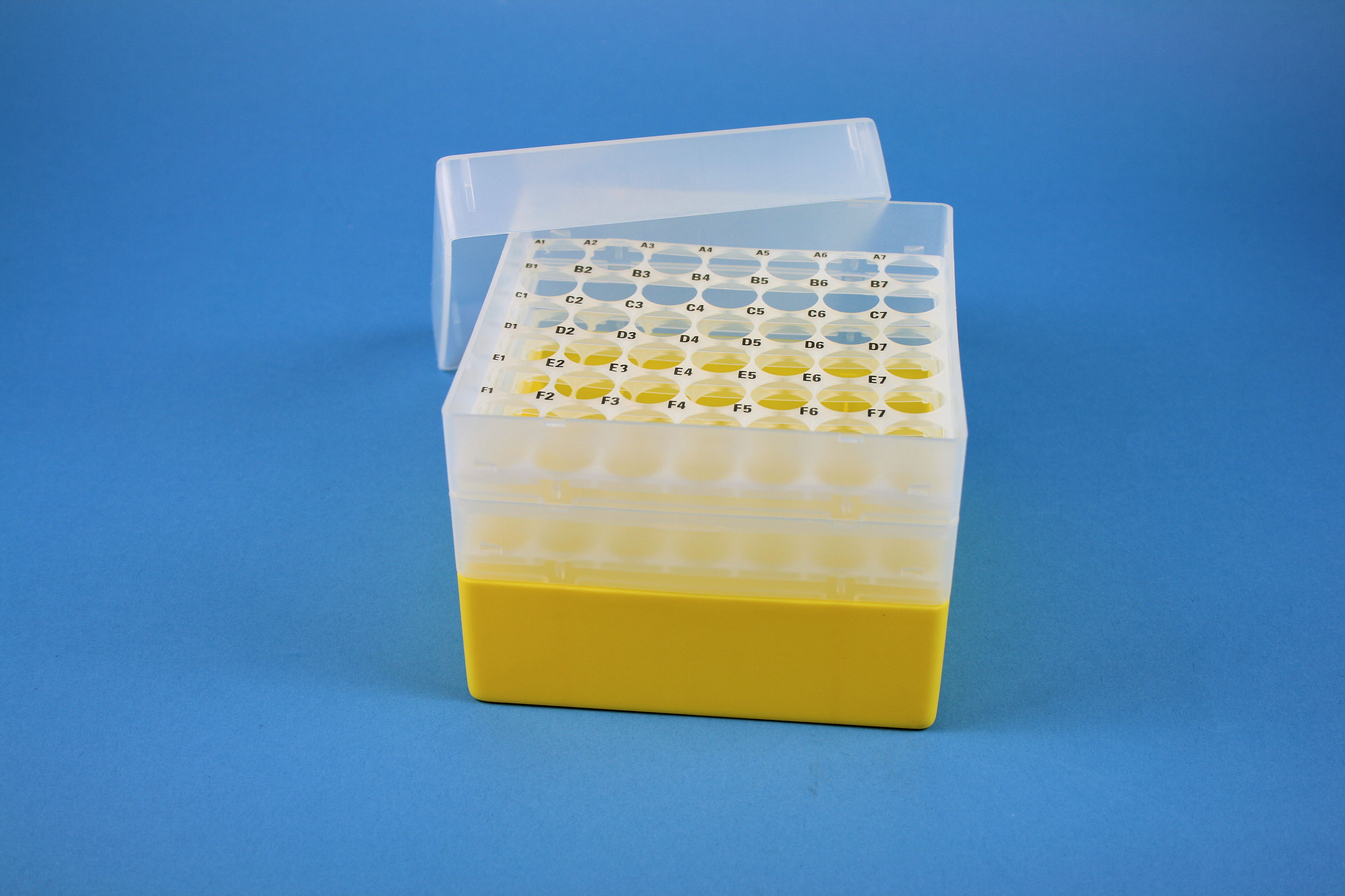Cryo box, 130X130x105mm, 7x7 holes, Ø16,5mm yellow